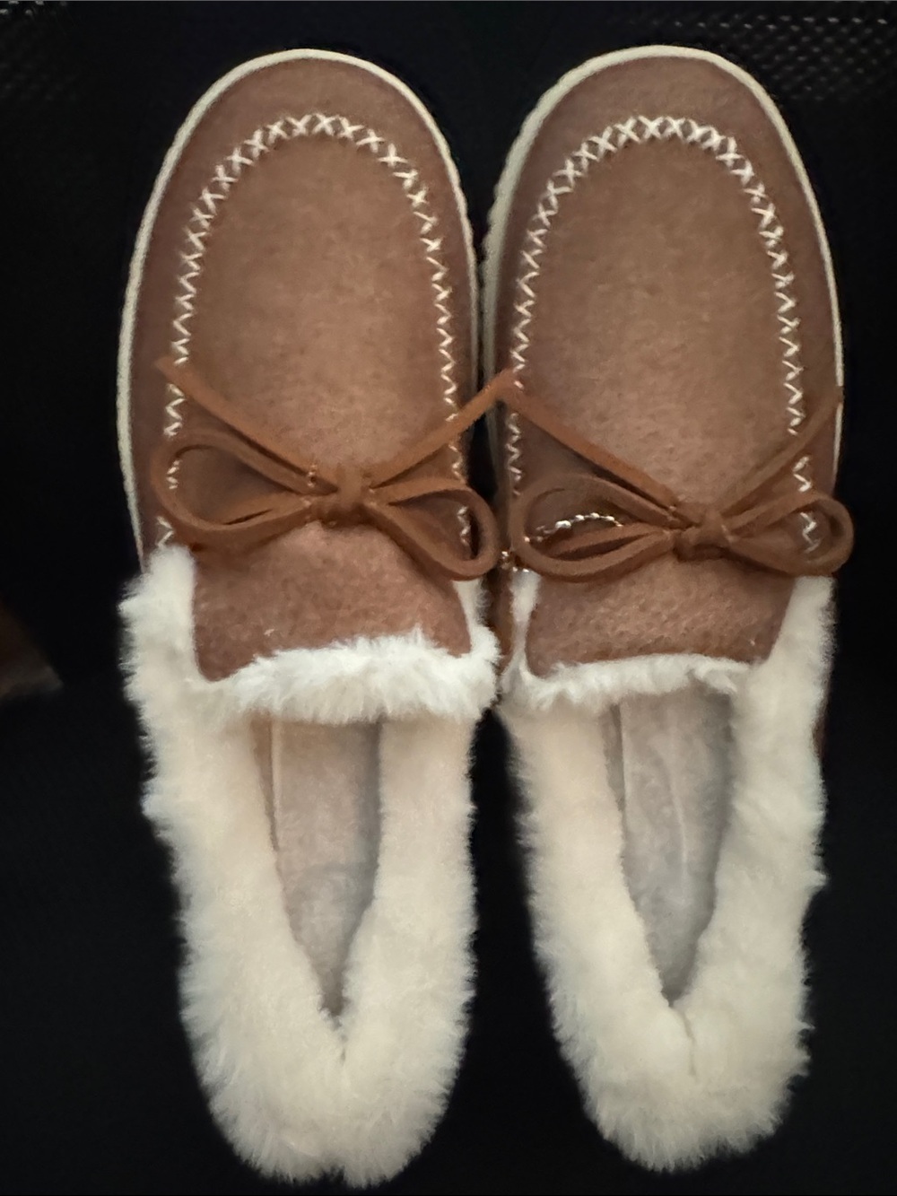 Skechers Tan Faux-Suede Moccasin Shoes with Cream Fur Trim
